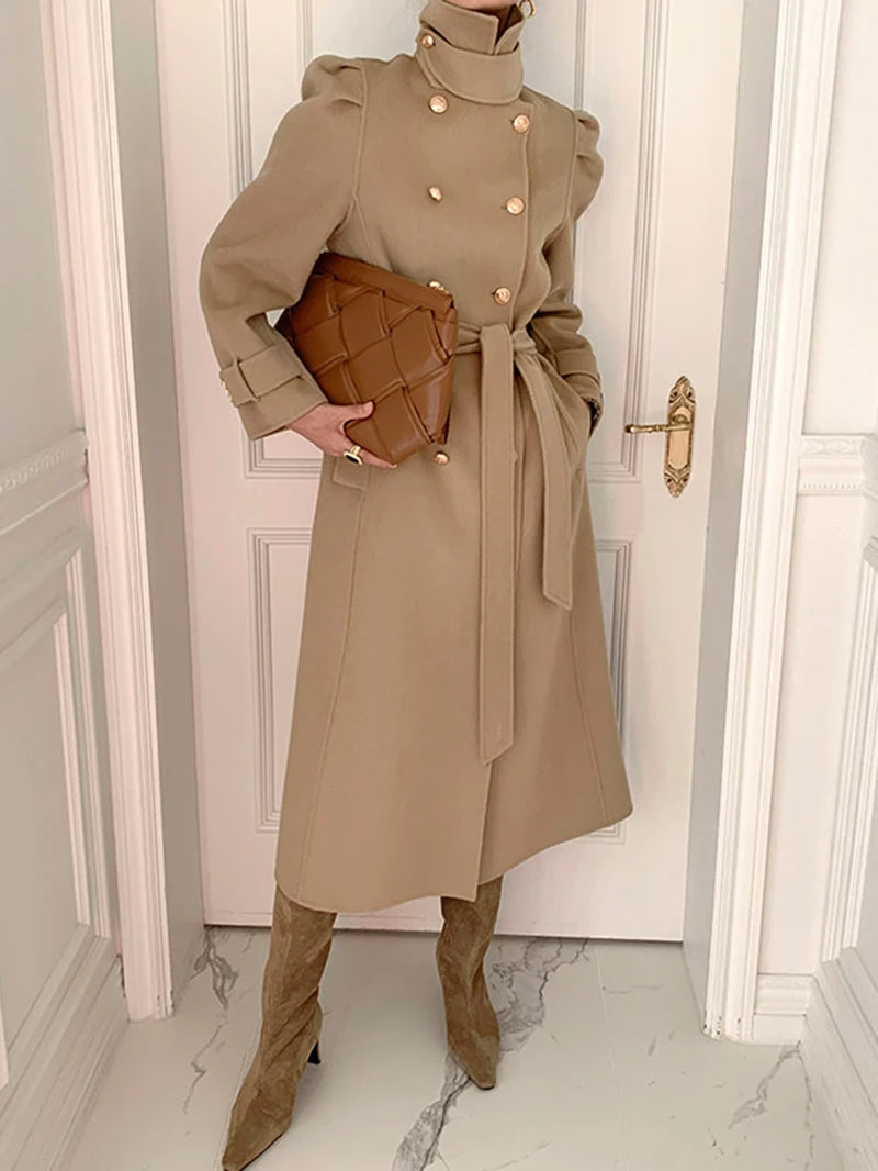 Korea Casual Loose Turtleneck Woolen Coat with Belt Women Thick Warm Sashes Long Jacket Female Elegant Coat High Quality