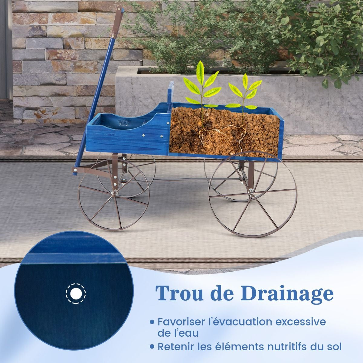 Brouette Décorative En Bois Avec 2 Compartiments À Planter Roues Métalliques Poignée Charge 15Kg Pour Cour Bleu/Café/Gris/Rouge/Vert