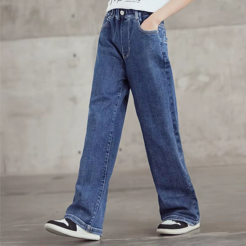 Loose Autumn Teanage Girls Jeans High Waisted Wide Leg Pants Children'S New Korean Kids Blue Denim Pants Trousers High Quality