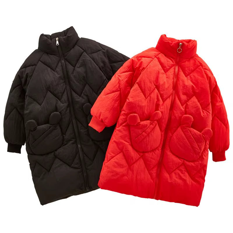 2024 Winter Long Coats Girls Kids Velvet Cotton Padded Thick Warm Coats Elegant Baby Ruffles Hooded Overcoats Children Clothing