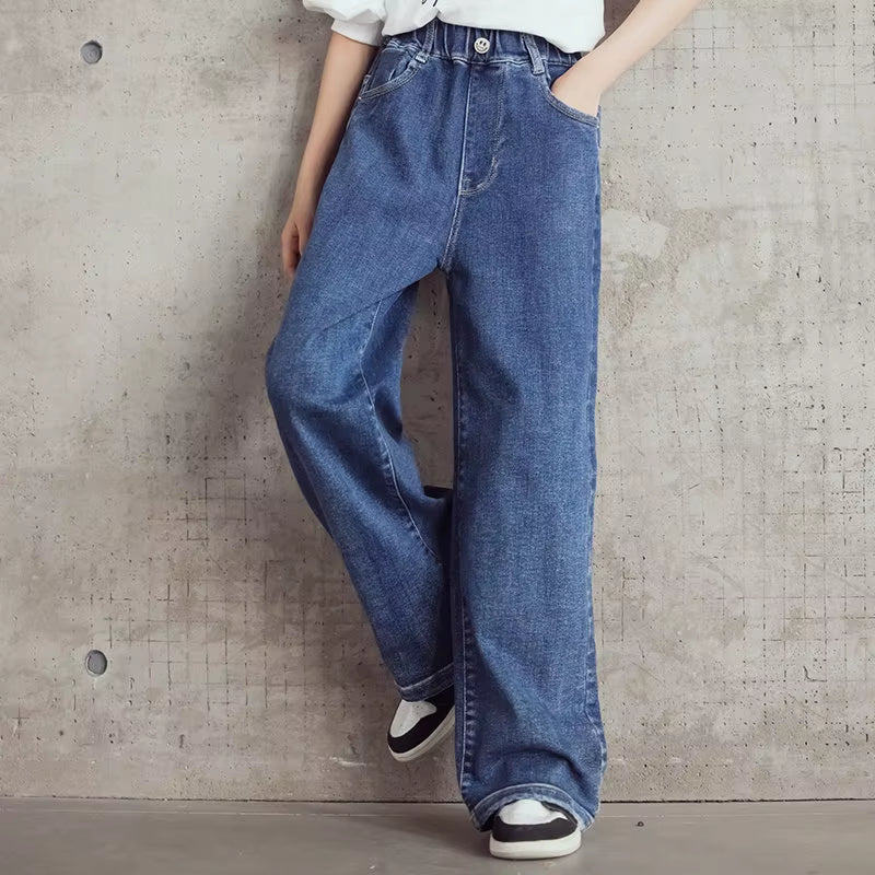 Loose Autumn Teanage Girls Jeans High Waisted Wide Leg Pants Children'S New Korean Kids Blue Denim Pants Trousers High Quality