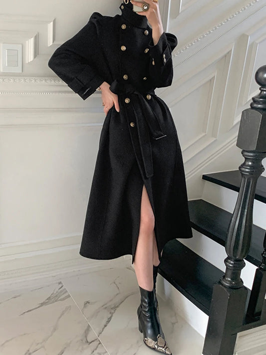Korea Casual Loose Turtleneck Woolen Coat with Belt Women Thick Warm Sashes Long Jacket Female Elegant Coat High Quality