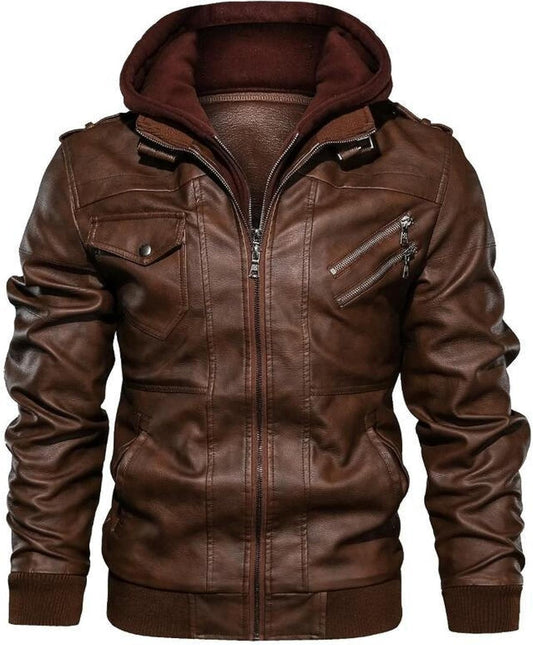 Blouson De Moto Bomber En Similicuir PU Pour Homme Avec Fermeture Éclair Et Col Montant - Gris - Capuche - Coutures Latérales - Grande Taille - Ourlet Droit Décontracté