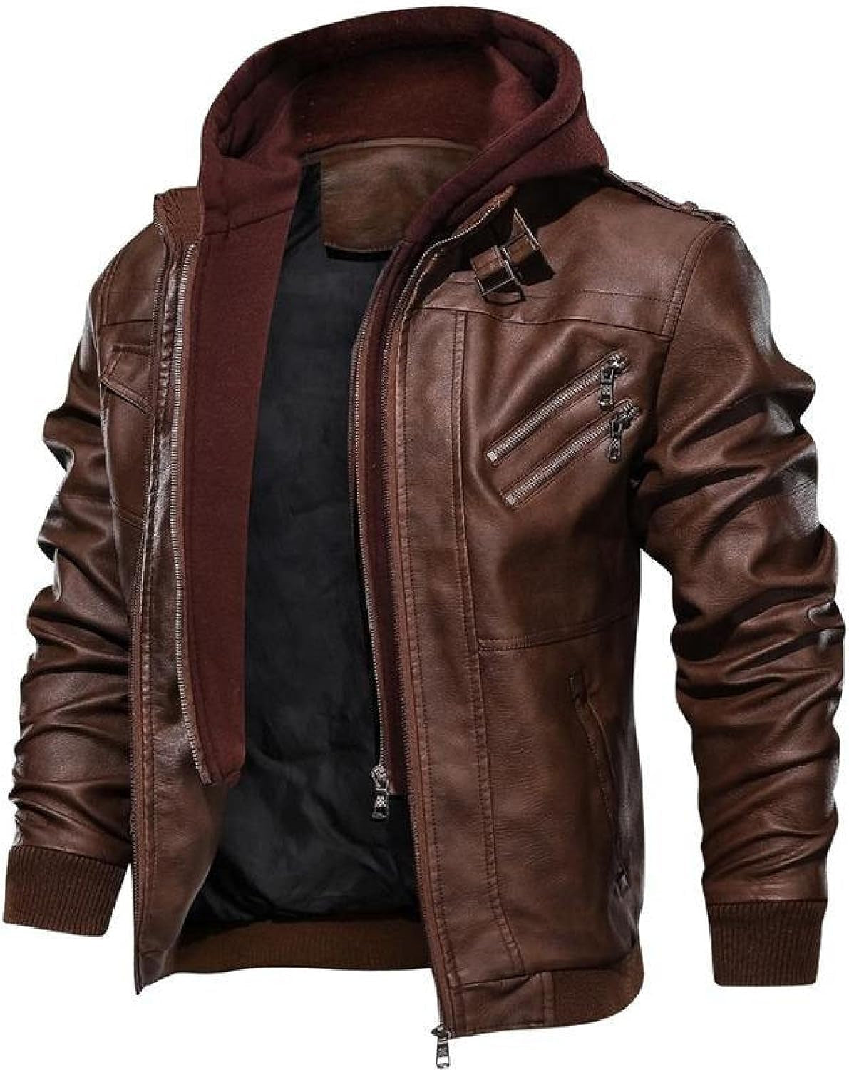 Blouson De Moto Bomber En Similicuir PU Pour Homme Avec Fermeture Éclair Et Col Montant - Gris - Capuche - Coutures Latérales - Grande Taille - Ourlet Droit Décontracté