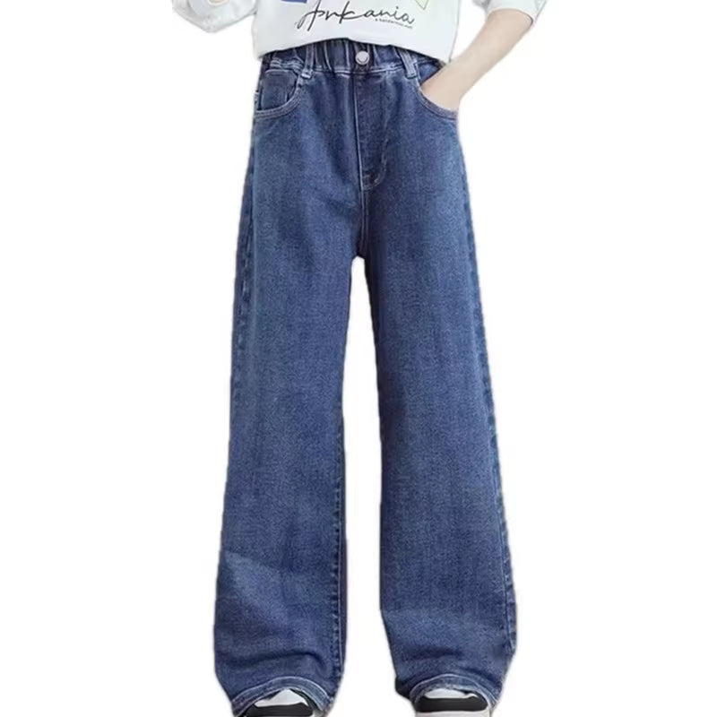 Loose Autumn Teanage Girls Jeans High Waisted Wide Leg Pants Children'S New Korean Kids Blue Denim Pants Trousers High Quality