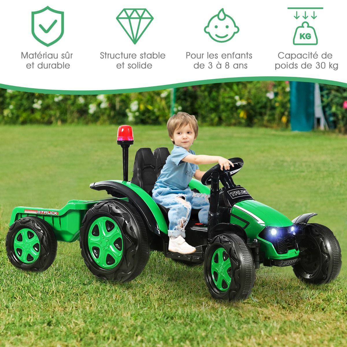 Tracteur Electrique Avec Télécommande 2.4G 12V 7AH Vitesse : 3-8 Km/H MP3 Port USB Pour Enfants De 3 À 8 Ans Blanc/Noir/Rouge/Vert