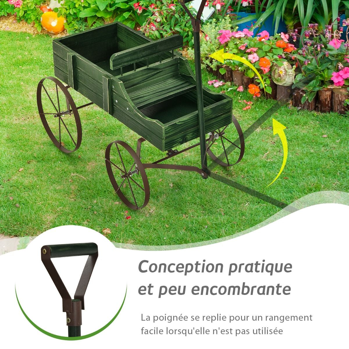 Brouette Décorative En Bois Avec 2 Compartiments À Planter Roues Métalliques Poignée Charge 15Kg Pour Cour Bleu/Café/Gris/Rouge/Vert