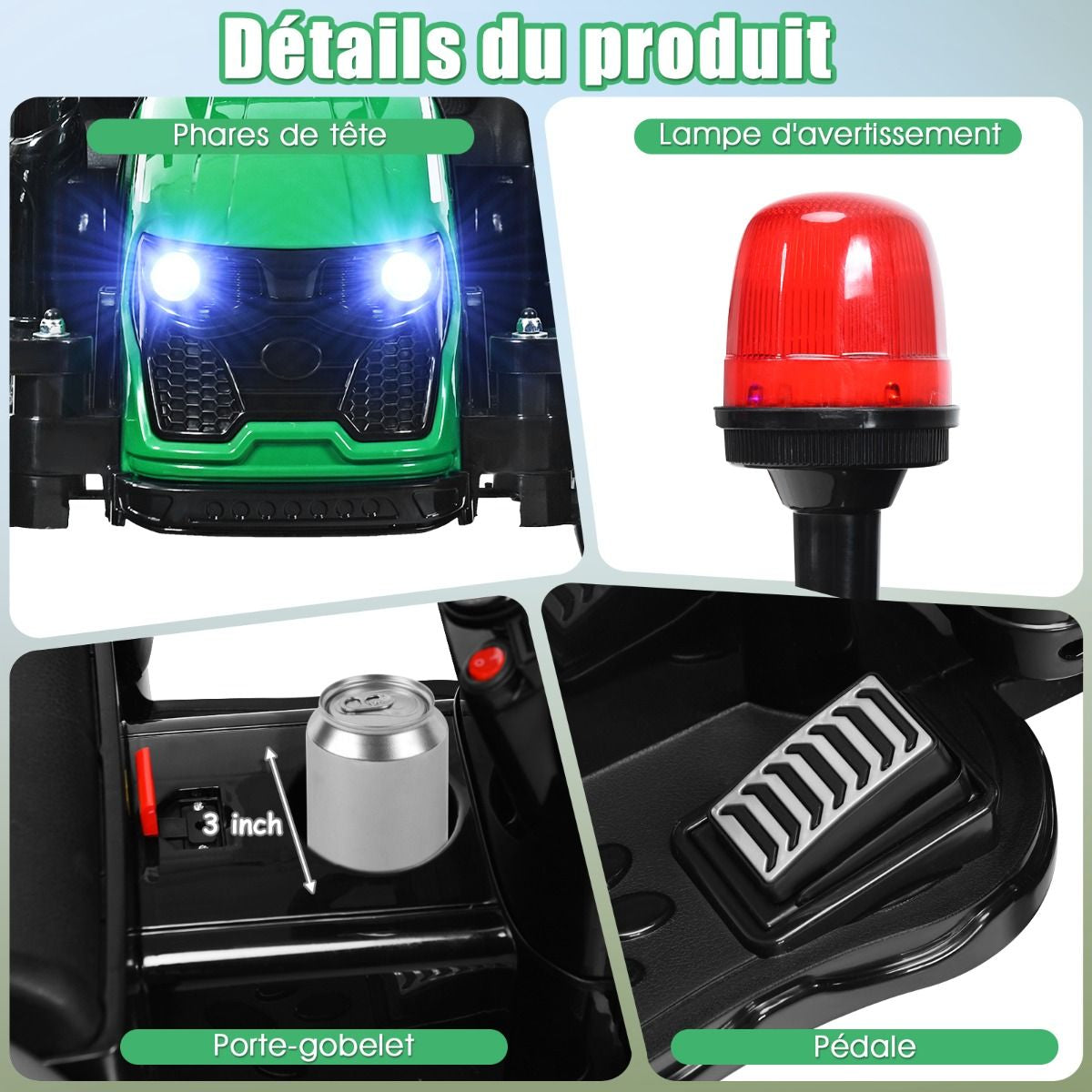 Tracteur Electrique Avec Télécommande 2.4G 12V 7AH Vitesse : 3-8 Km/H MP3 Port USB Pour Enfants De 3 À 8 Ans Blanc/Noir/Rouge/Vert
