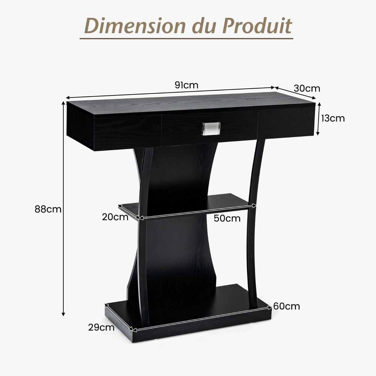 Table Console 3 Étagères Meuble D'Entrée L91 X P30 X H88 Style Scandinave Dispositif Anti-Renversement Brun Rustique/Noir/Gris