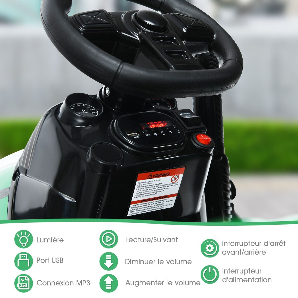 Tracteur Electrique Avec Télécommande 2.4G 12V 7AH Vitesse : 3-8 Km/H MP3 Port USB Pour Enfants De 3 À 8 Ans Blanc/Noir/Rouge/Vert