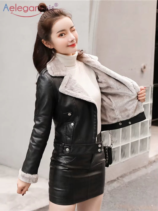 Aelegantmis Faux Fur Coat Women Leather Jacket Autumn Winter Warm Plush Thick Outerwear Ladies Wool Fur Collar Basic Jackets