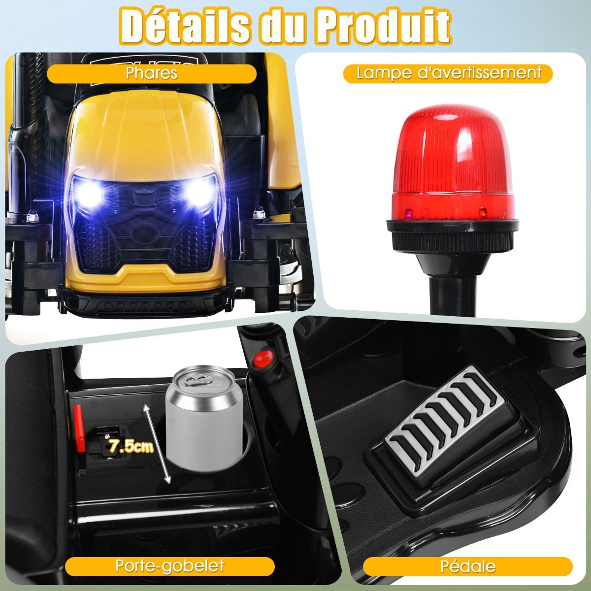 Tracteur Electrique Avec Télécommande 2.4G 12V 7AH Vitesse : 3-8 Km/H MP3 Port USB Pour Enfants De 3 À 8 Ans Blanc/Noir/Rouge/Vert