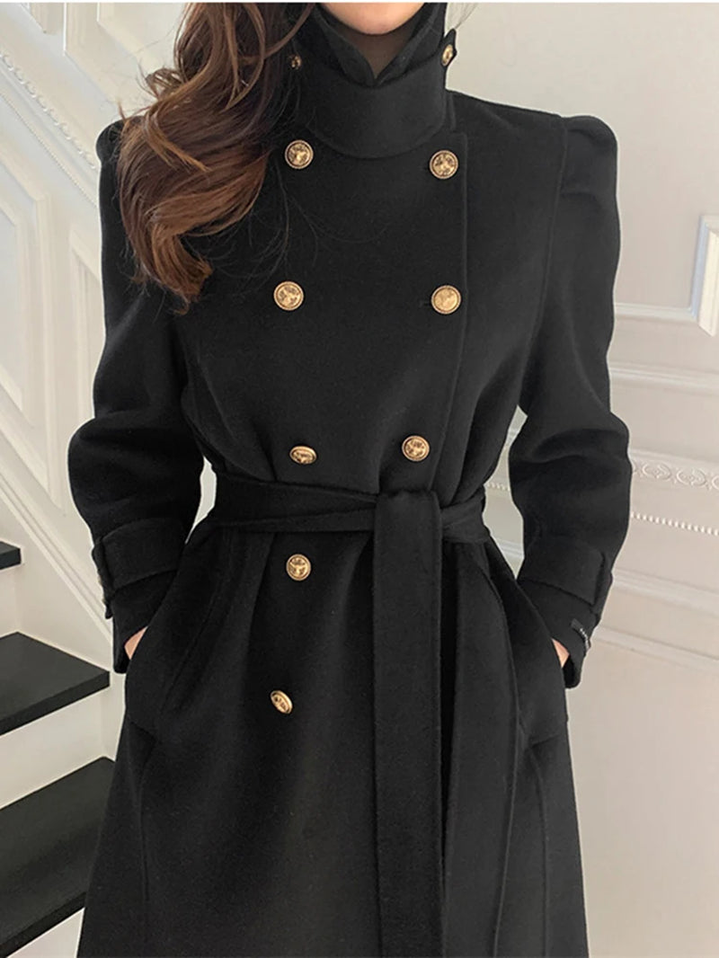 Korea Casual Loose Turtleneck Woolen Coat with Belt Women Thick Warm Sashes Long Jacket Female Elegant Coat High Quality