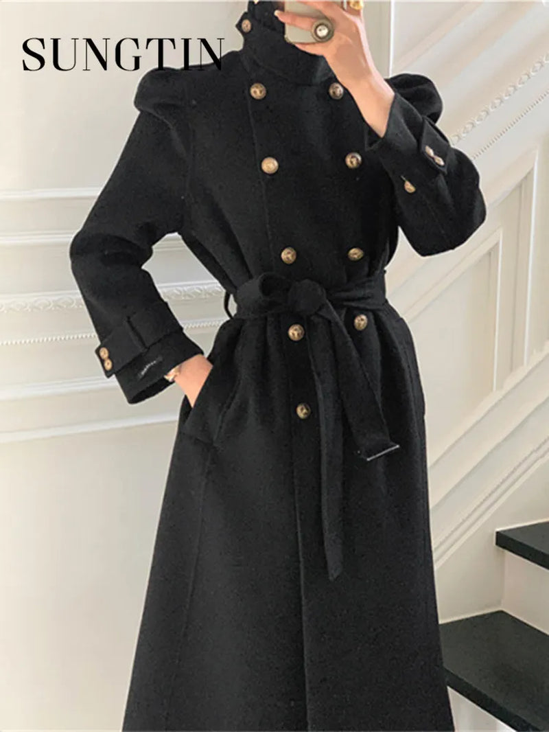 Korea Casual Loose Turtleneck Woolen Coat with Belt Women Thick Warm Sashes Long Jacket Female Elegant Coat High Quality