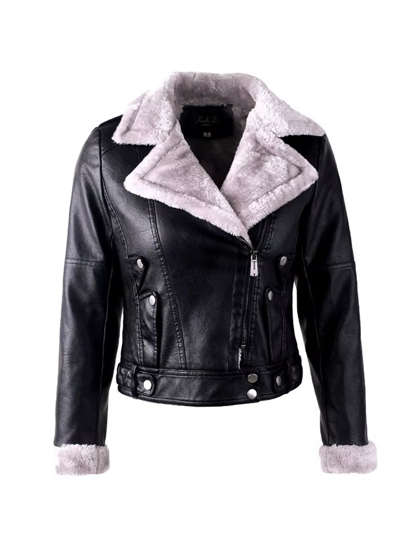 Aelegantmis Faux Fur Coat Women Leather Jacket Autumn Winter Warm Plush Thick Outerwear Ladies Wool Fur Collar Basic Jackets