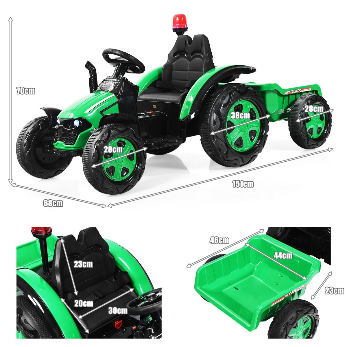 Tracteur Electrique Avec Télécommande 2.4G 12V 7AH Vitesse : 3-8 Km/H MP3 Port USB Pour Enfants De 3 À 8 Ans Blanc/Noir/Rouge/Vert