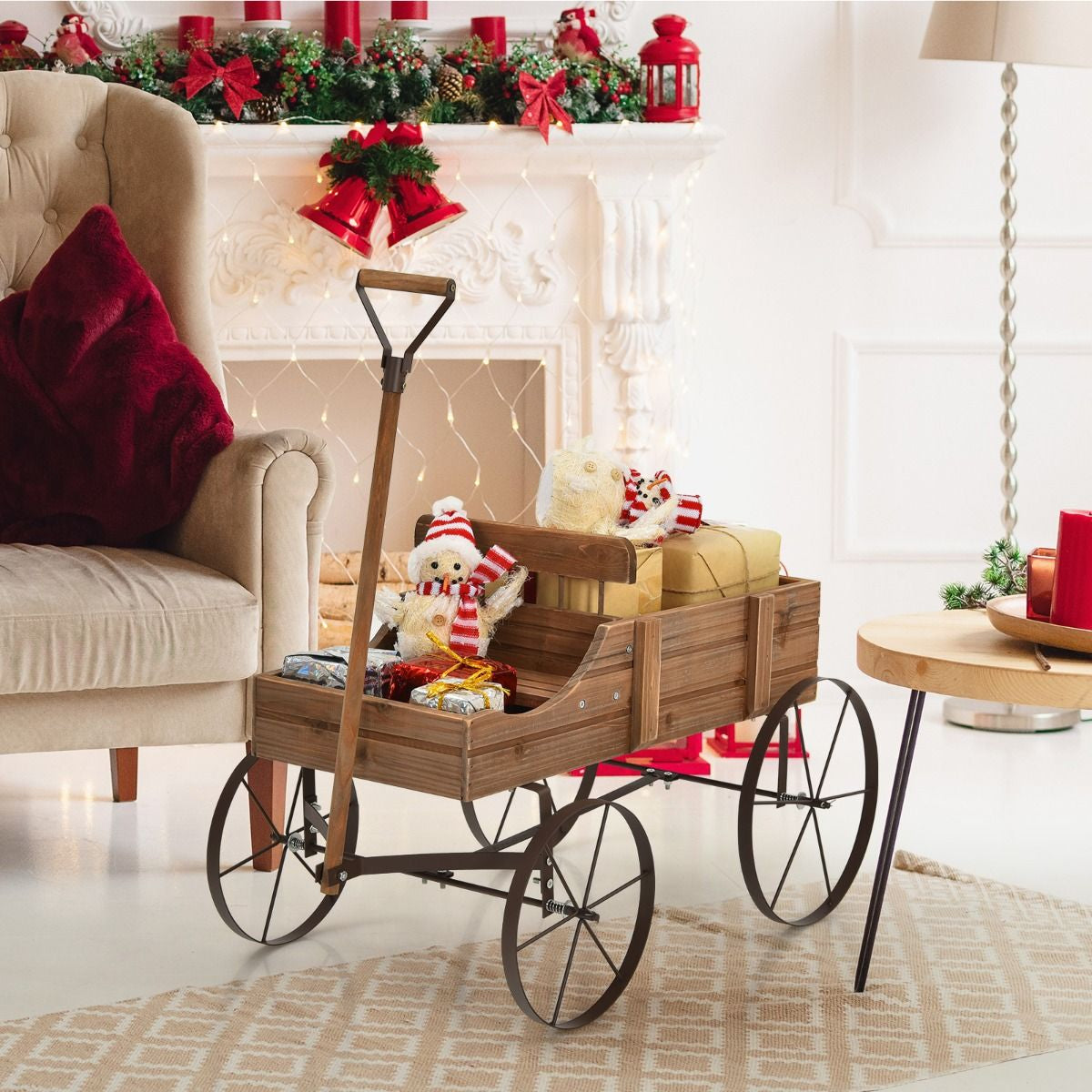 Brouette Décorative En Bois Avec 2 Compartiments À Planter Roues Métalliques Poignée Charge 15Kg Pour Cour Bleu/Café/Gris/Rouge/Vert