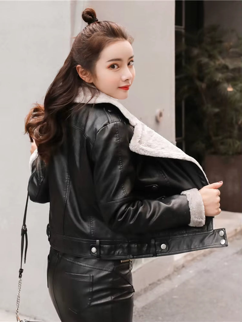 Aelegantmis Faux Fur Coat Women Leather Jacket Autumn Winter Warm Plush Thick Outerwear Ladies Wool Fur Collar Basic Jackets