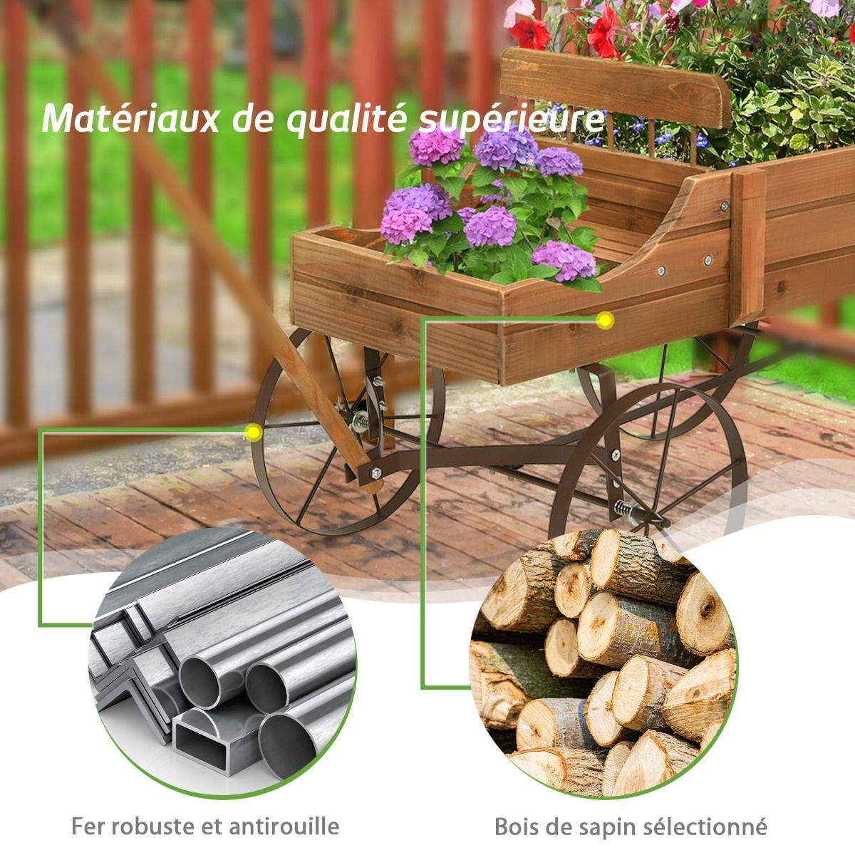 Brouette Décorative En Bois Avec 2 Compartiments À Planter Roues Métalliques Poignée Charge 15Kg Pour Cour Bleu/Café/Gris/Rouge/Vert