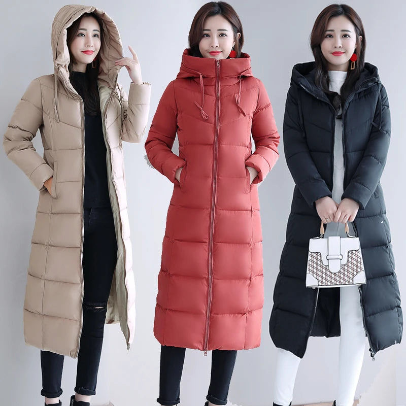 Large Size M-6XL Woman Jacket Winter down Parkas Coats Lengthen Warm Quilted Cotton Jacket for Women Hooded Padded Outwear