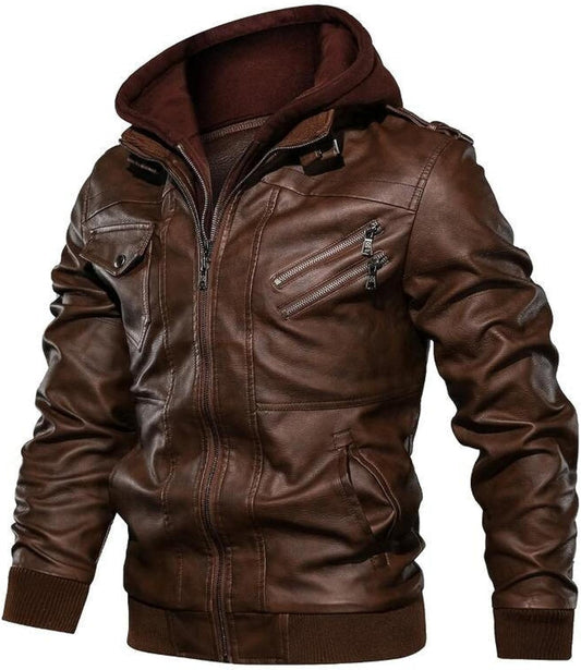 Blouson De Moto Bomber En Similicuir PU Pour Homme Avec Fermeture Éclair Et Col Montant - Gris - Capuche - Coutures Latérales - Grande Taille - Ourlet Droit Décontracté