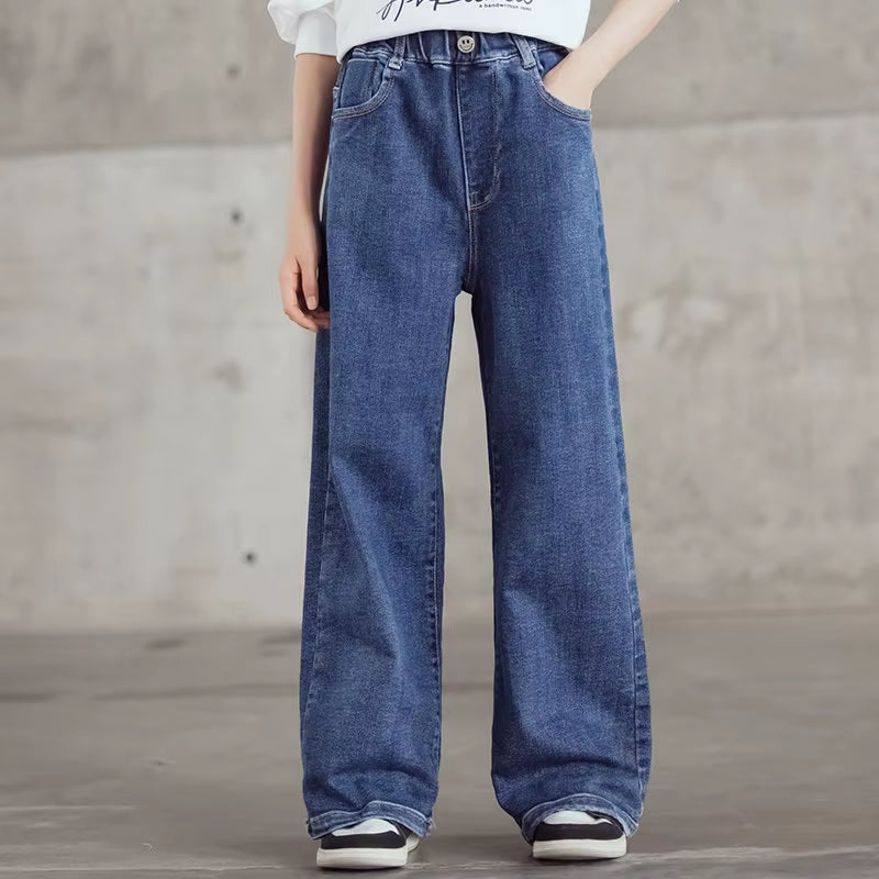 Loose Autumn Teanage Girls Jeans High Waisted Wide Leg Pants Children'S New Korean Kids Blue Denim Pants Trousers High Quality