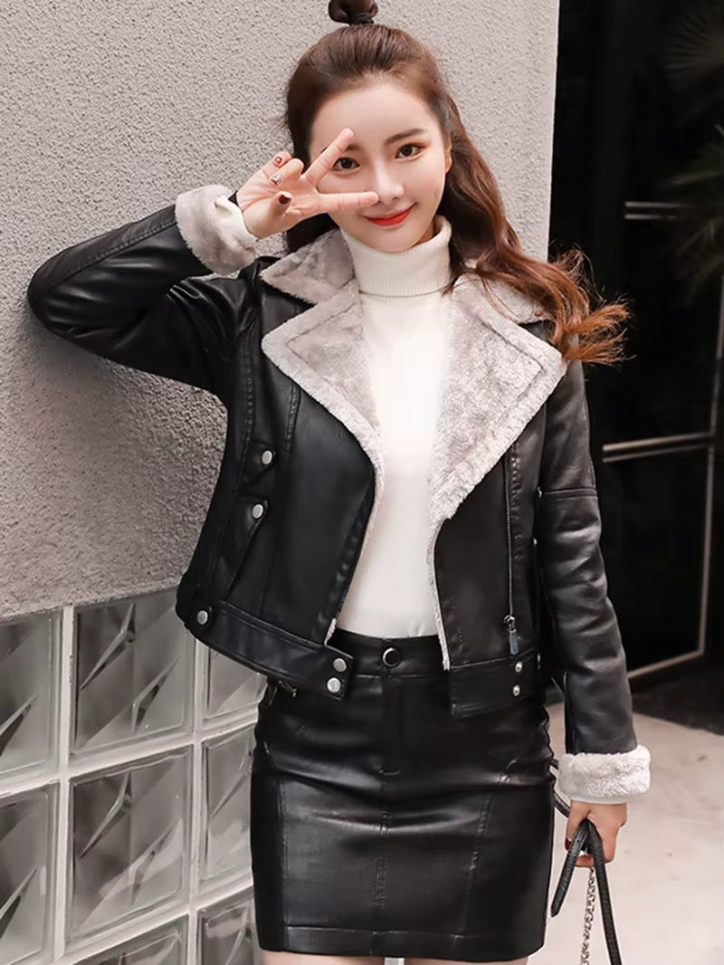 Aelegantmis Faux Fur Coat Women Leather Jacket Autumn Winter Warm Plush Thick Outerwear Ladies Wool Fur Collar Basic Jackets