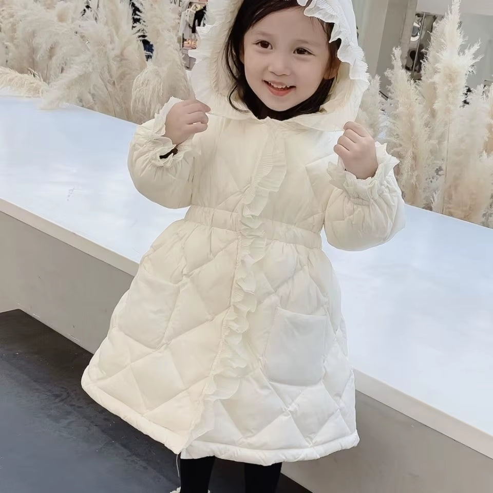 2024 Winter Long Coats Girls Kids Velvet Cotton Padded Thick Warm Coats Elegant Baby Ruffles Hooded Overcoats Children Clothing
