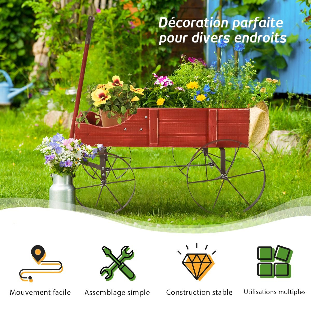 Brouette Décorative En Bois Avec 2 Compartiments À Planter Roues Métalliques Poignée Charge 15Kg Pour Cour Bleu/Café/Gris/Rouge/Vert