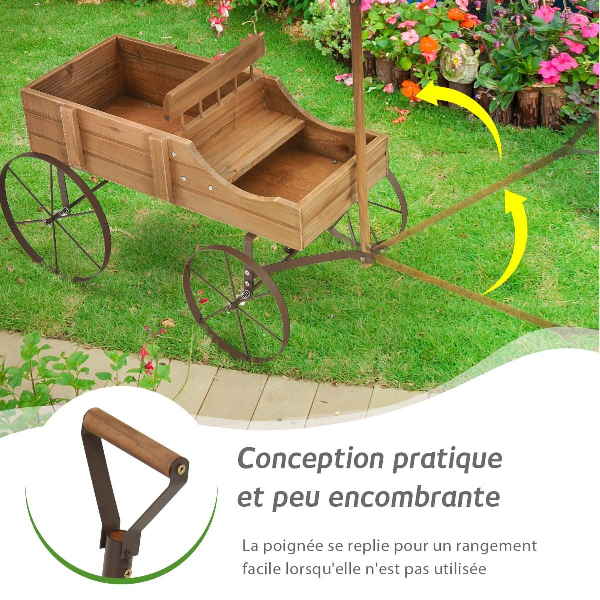 Brouette Décorative En Bois Avec 2 Compartiments À Planter Roues Métalliques Poignée Charge 15Kg Pour Cour Bleu/Café/Gris/Rouge/Vert
