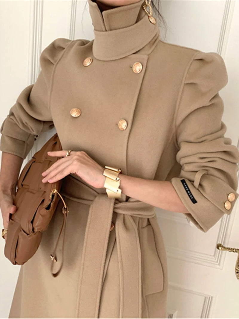 Korea Casual Loose Turtleneck Woolen Coat with Belt Women Thick Warm Sashes Long Jacket Female Elegant Coat High Quality