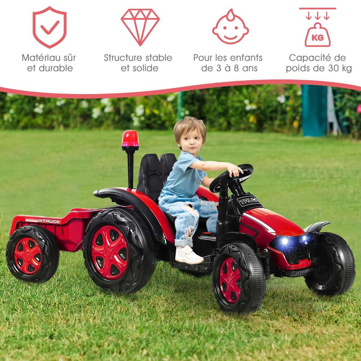 Tracteur Electrique Avec Télécommande 2.4G 12V 7AH Vitesse : 3-8 Km/H MP3 Port USB Pour Enfants De 3 À 8 Ans Blanc/Noir/Rouge/Vert