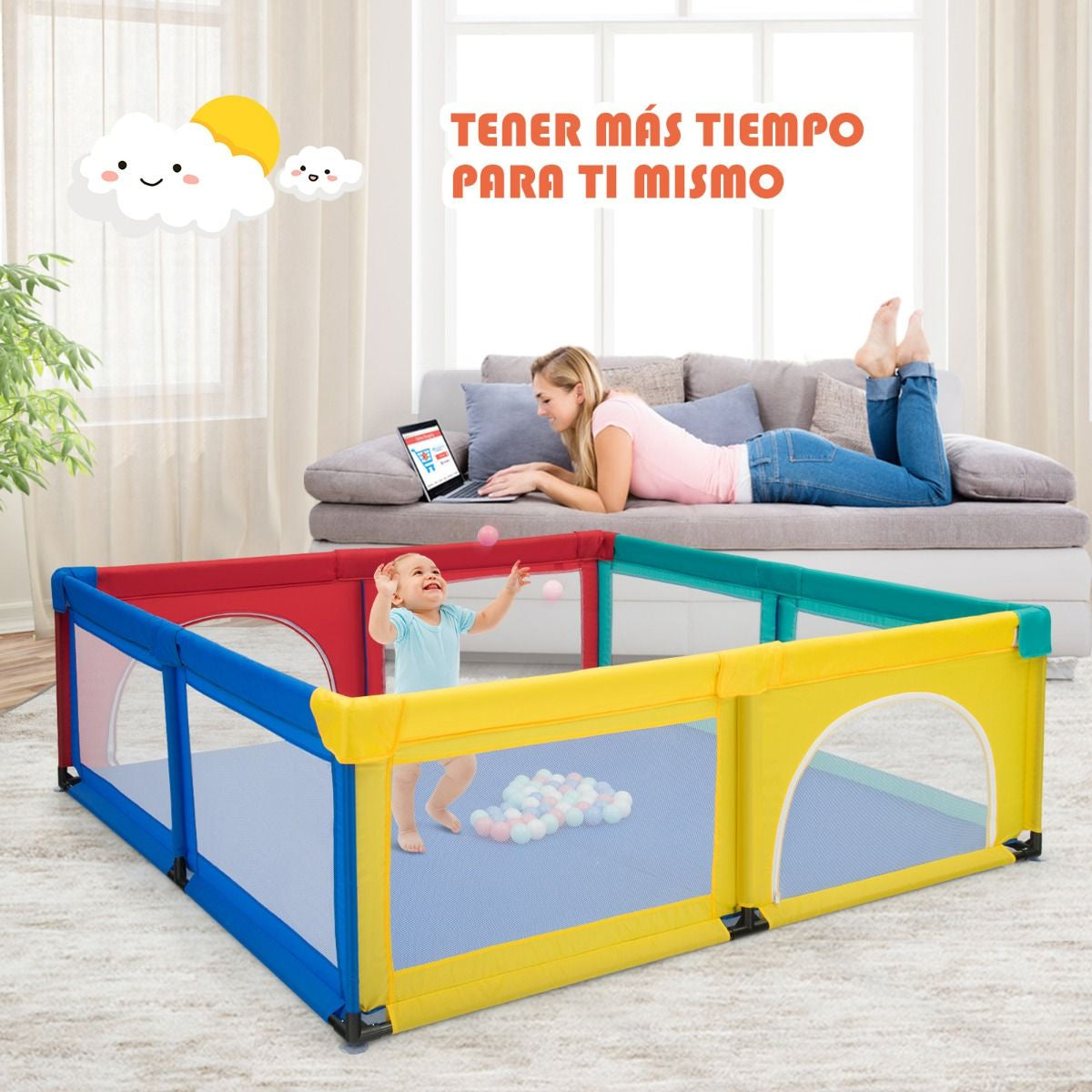 Parque Para Niños Centro Actividad Portátil Con Cercas De Seguridad 206 X 185,5 X 68 Cm