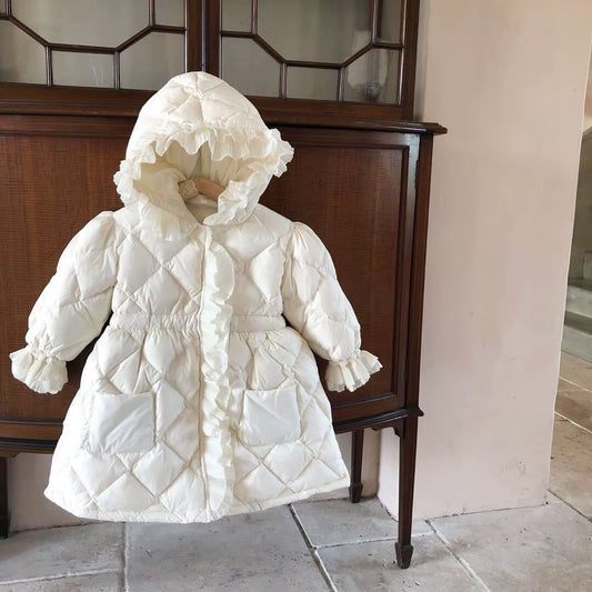 2024 Winter Long Coats Girls Kids Velvet Cotton Padded Thick Warm Coats Elegant Baby Ruffles Hooded Overcoats Children Clothing