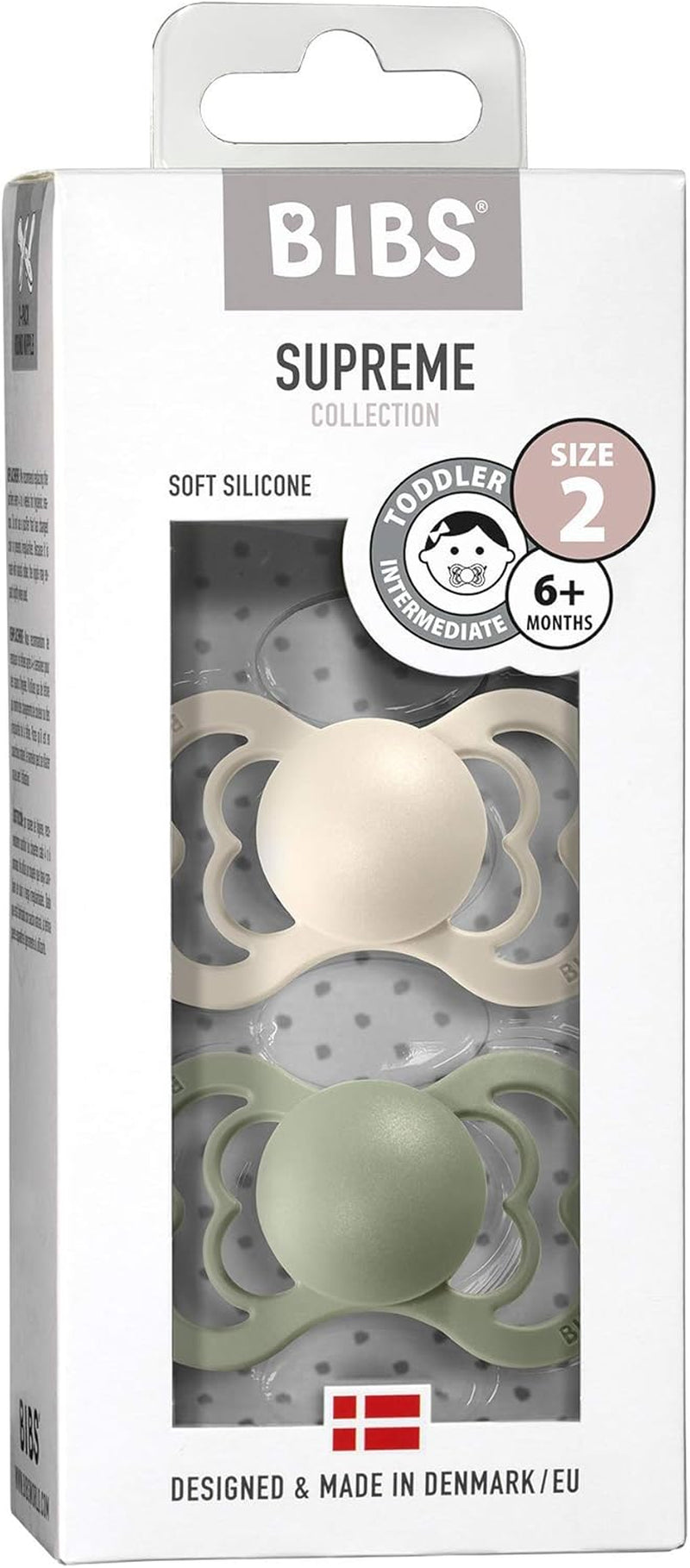 Tétine  Supreme, Lot De 2, Silicone, Tétine Danoise De Forme Symétrique. Sans BPA. (Ivory/Sage, Taille 2 (À Partir De 6 Mois))