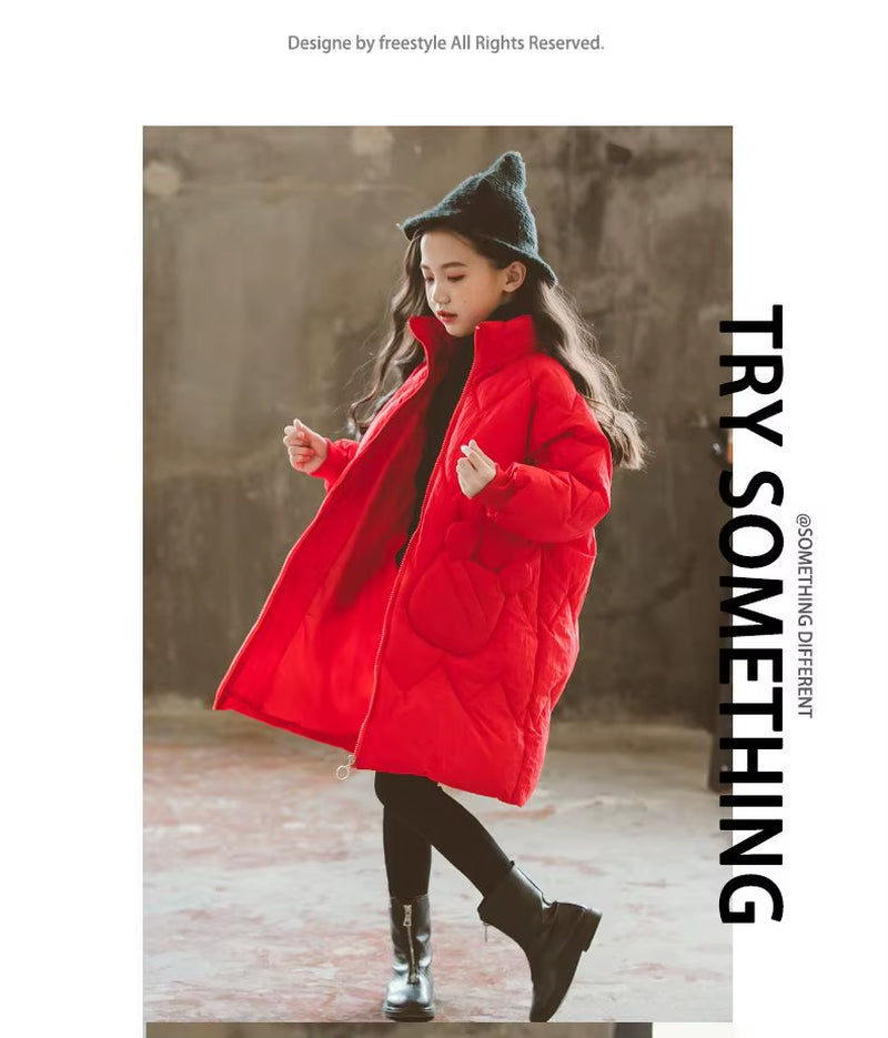 2024 Winter Long Coats Girls Kids Velvet Cotton Padded Thick Warm Coats Elegant Baby Ruffles Hooded Overcoats Children Clothing