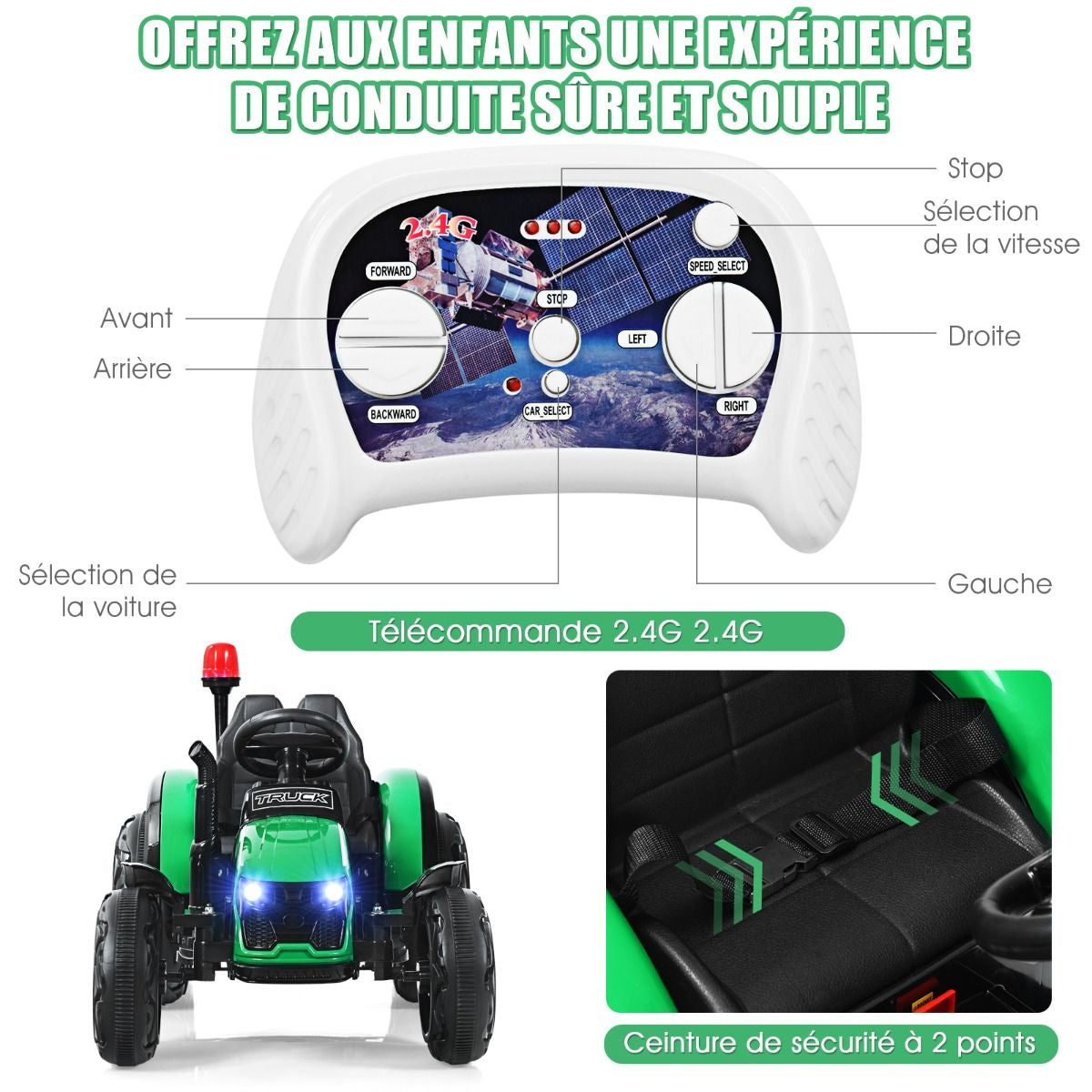 Tracteur Electrique Avec Télécommande 2.4G 12V 7AH Vitesse : 3-8 Km/H MP3 Port USB Pour Enfants De 3 À 8 Ans Blanc/Noir/Rouge/Vert