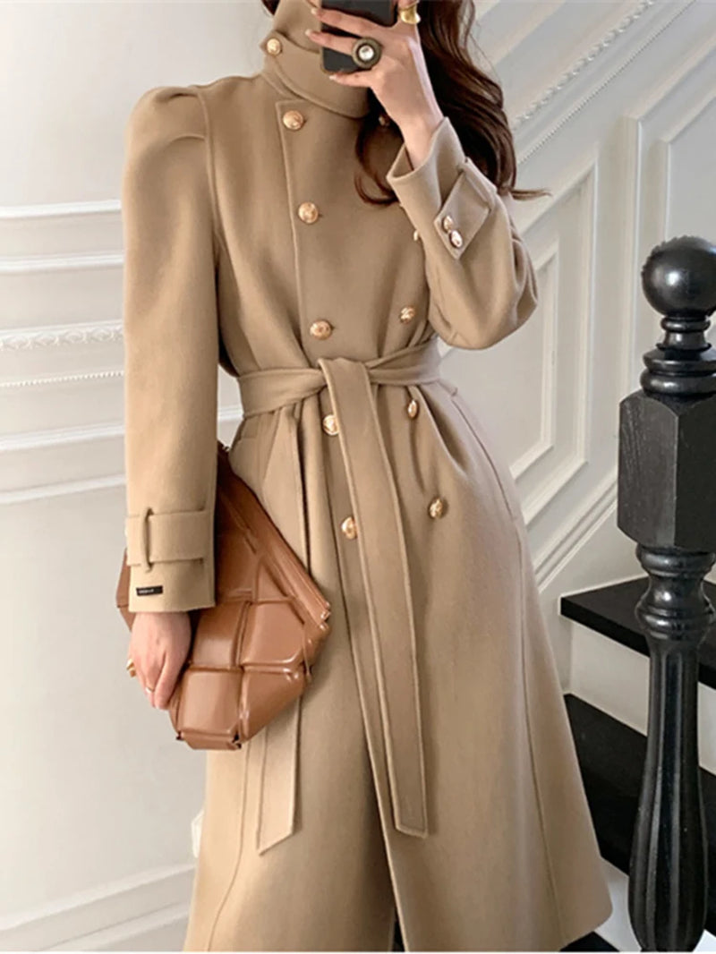 Korea Casual Loose Turtleneck Woolen Coat with Belt Women Thick Warm Sashes Long Jacket Female Elegant Coat High Quality