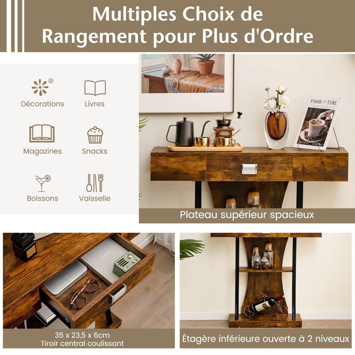 Table Console 3 Étagères Meuble D'Entrée L91 X P30 X H88 Style Scandinave Dispositif Anti-Renversement Brun Rustique/Noir/Gris