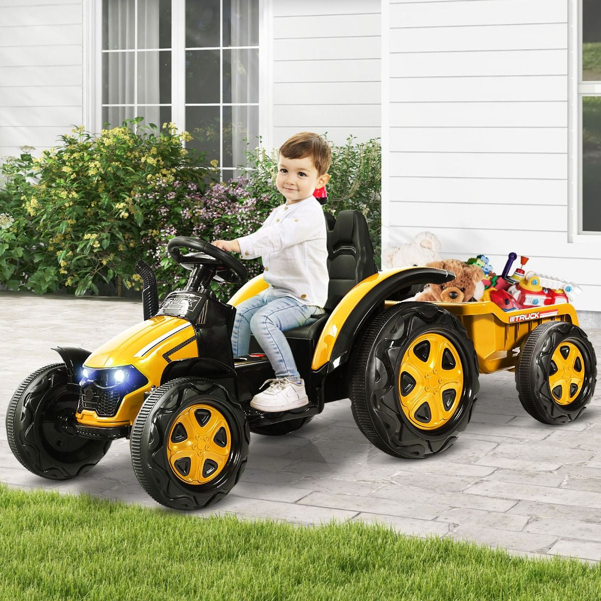 Tracteur Electrique Avec Télécommande 2.4G 12V 7AH Vitesse : 3-8 Km/H MP3 Port USB Pour Enfants De 3 À 8 Ans Blanc/Noir/Rouge/Vert