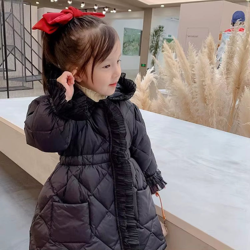 2024 Winter Long Coats Girls Kids Velvet Cotton Padded Thick Warm Coats Elegant Baby Ruffles Hooded Overcoats Children Clothing