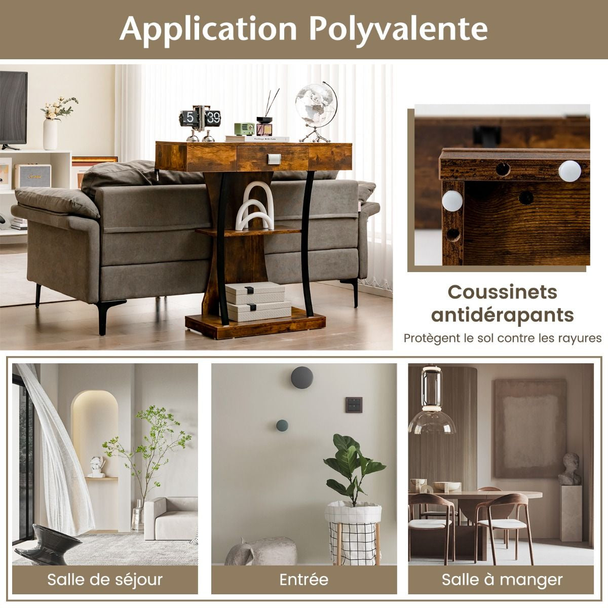 Table Console 3 Étagères Meuble D'Entrée L91 X P30 X H88 Style Scandinave Dispositif Anti-Renversement Brun Rustique/Noir/Gris