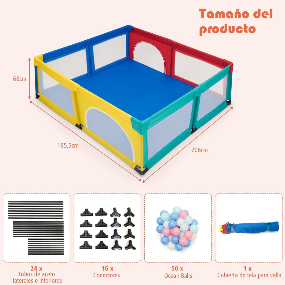 Parque Para Niños Centro Actividad Portátil Con Cercas De Seguridad 206 X 185,5 X 68 Cm