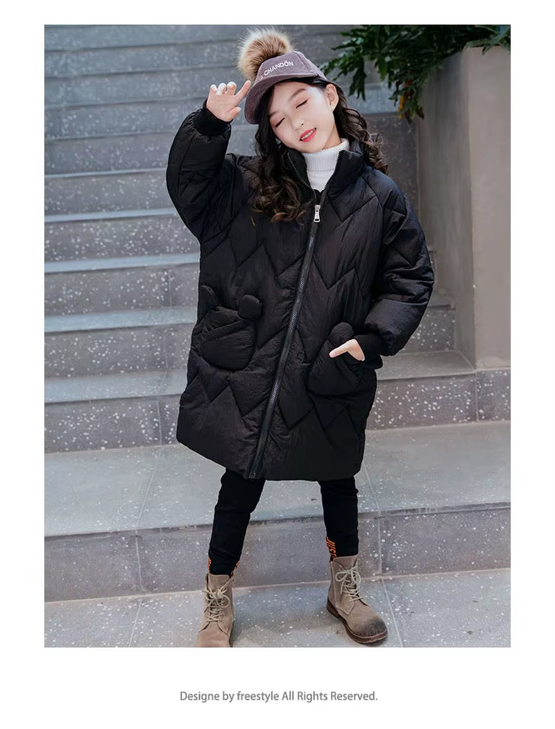 2024 Winter Long Coats Girls Kids Velvet Cotton Padded Thick Warm Coats Elegant Baby Ruffles Hooded Overcoats Children Clothing