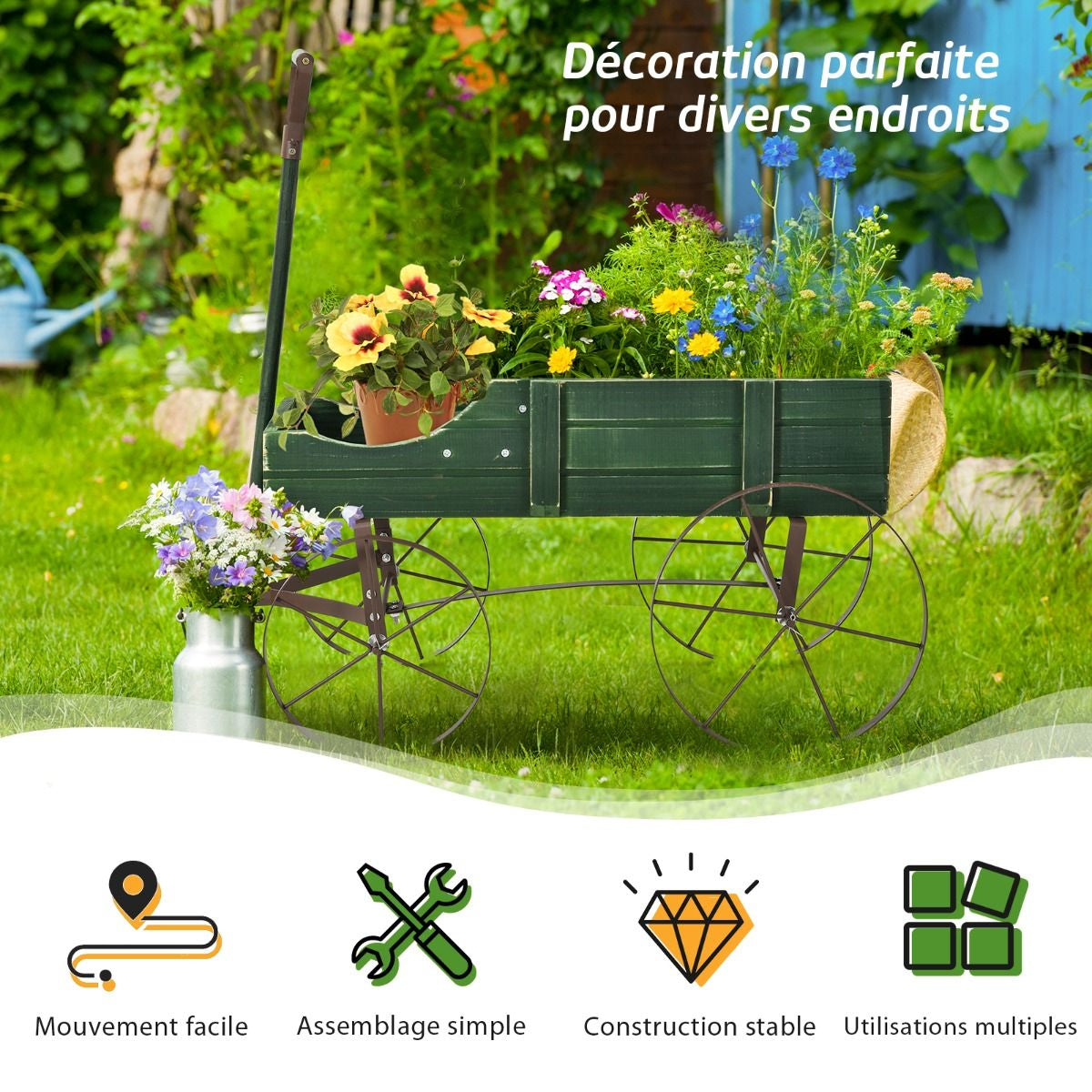 Brouette Décorative En Bois Avec 2 Compartiments À Planter Roues Métalliques Poignée Charge 15Kg Pour Cour Bleu/Café/Gris/Rouge/Vert