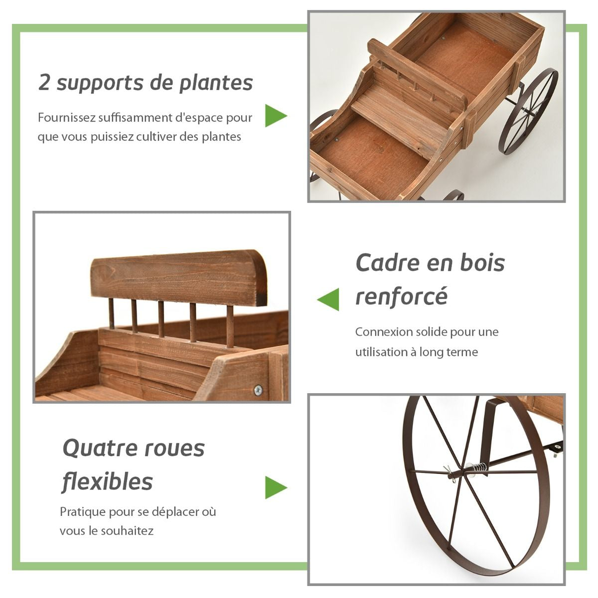 Brouette Décorative En Bois Avec 2 Compartiments À Planter Roues Métalliques Poignée Charge 15Kg Pour Cour Bleu/Café/Gris/Rouge/Vert